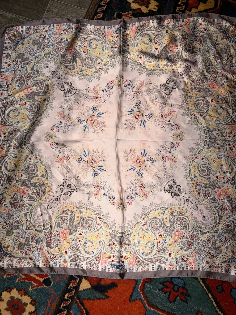 Vintage Paisley Floral Square Scarf Pastel Cream Mauve Border Boho Chic Silk